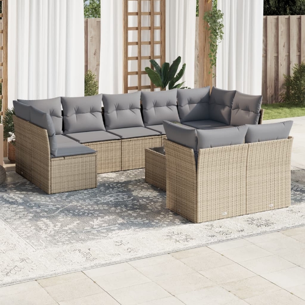 Set Divano da Giardino 10 pz con Cuscini Beige in Polyrattan