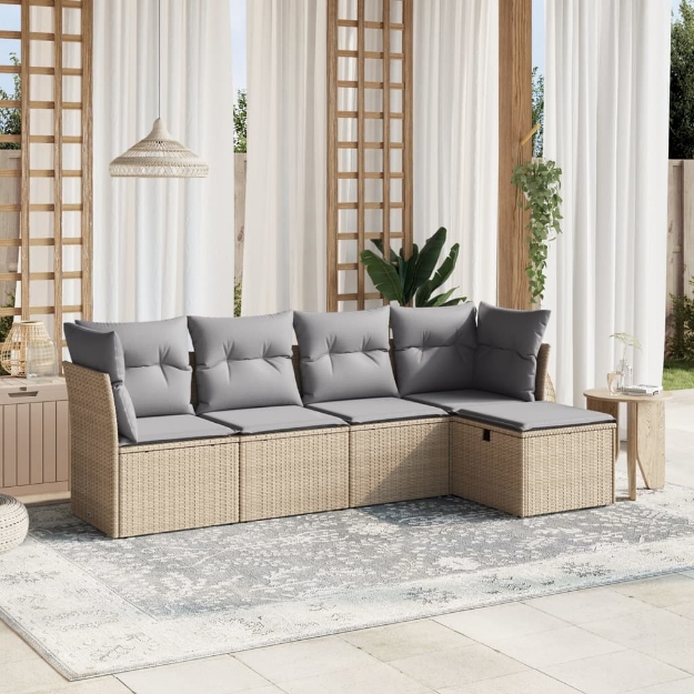 Set Divano da Giardino 5 pz con Cuscini Beige Misto Polyrattan