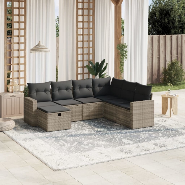 Set Divani da Giardino 7pz con Cuscini Grigio Chiaro Polyrattan