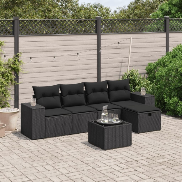 Set Divano da Giardino 6 pz con Cuscini Nero in Polyrattan