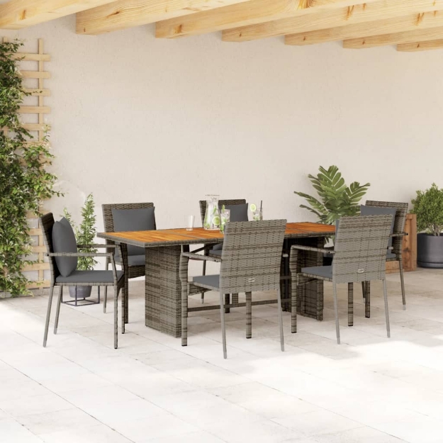 Set da Pranzo da Giardino 7 pz con Cuscini in Polyrattan Grigio