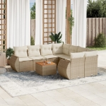 Set Divano da Giardino 9 pz con Cuscini Beige in Polyrattan