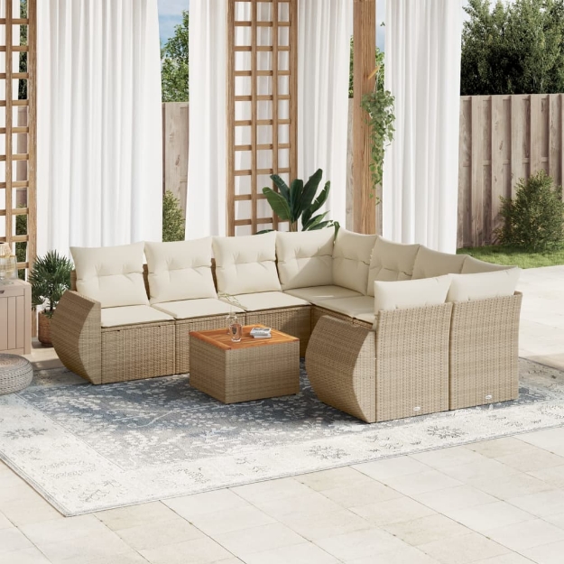 Set Divano da Giardino 9 pz con Cuscini Beige in Polyrattan