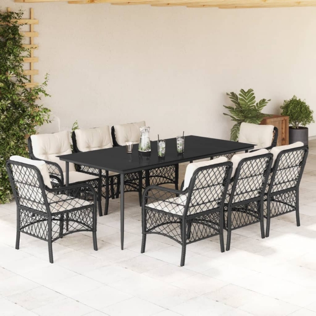 Set da Pranzo da Giardino 9 pz con Cuscini Nero in Polyrattan