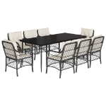 Set da Pranzo da Giardino 9 pz con Cuscini Nero in Polyrattan
