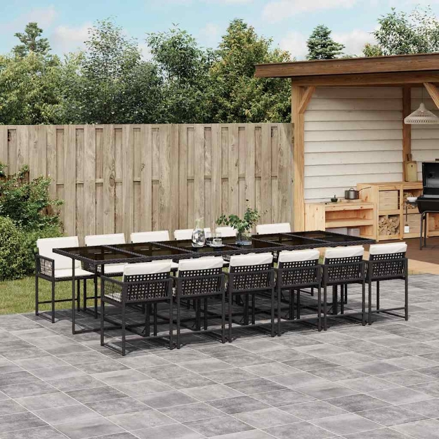 Set da Pranzo da Giardino 13pz con Cuscini Nero in Polyrattan