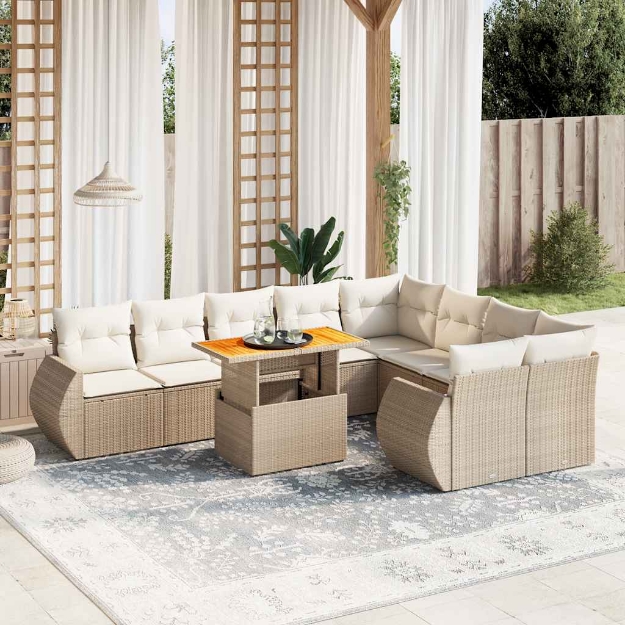 Set Divano da Giardino 10 pz con Cuscini Beige in Polyrattan