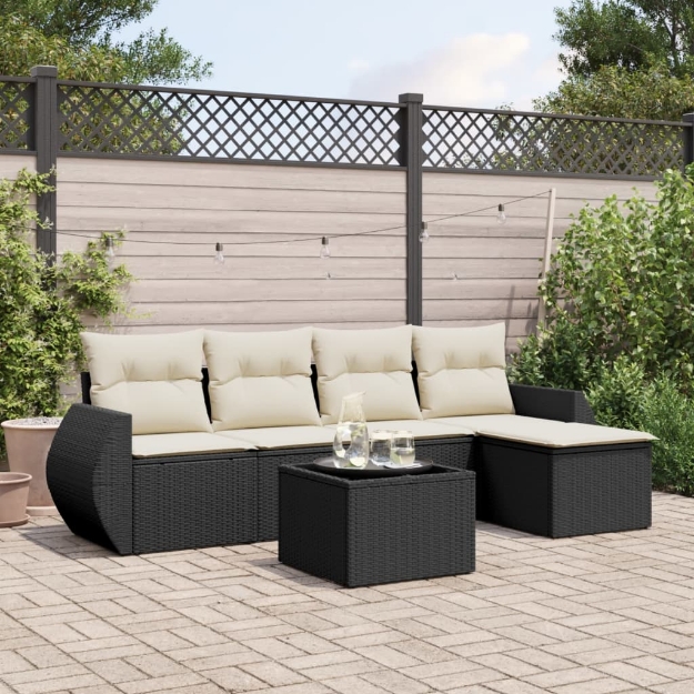 Set Divano da Giardino 6 pz con Cuscini Nero in Polyrattan