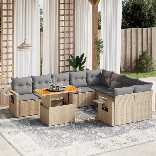 Set Divano da Giardino 10 pz con Cuscini Beige in Polyrattan