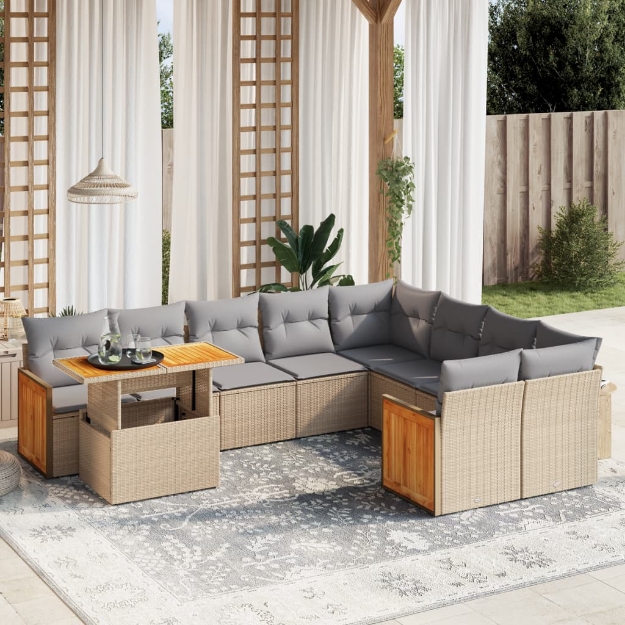 Set Divano da Giardino 10 pz con Cuscini Beige in Polyrattan