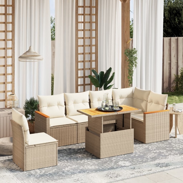 Set Divani da Giardino 7 pz con Cuscini Beige in Polyrattan