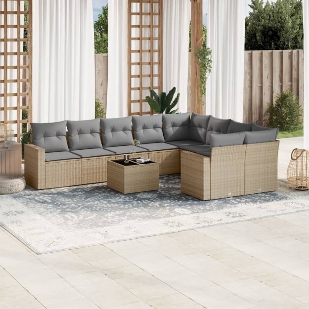 Set Divano da Giardino 10 pz con Cuscini Beige in Polyrattan