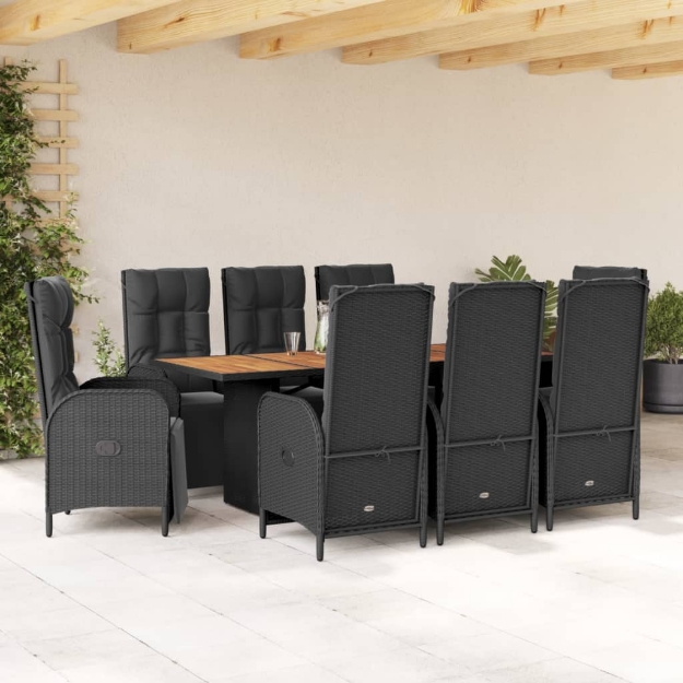 Set da Pranzo da Giardino 9 pz con Cuscini Nero in Polyrattan