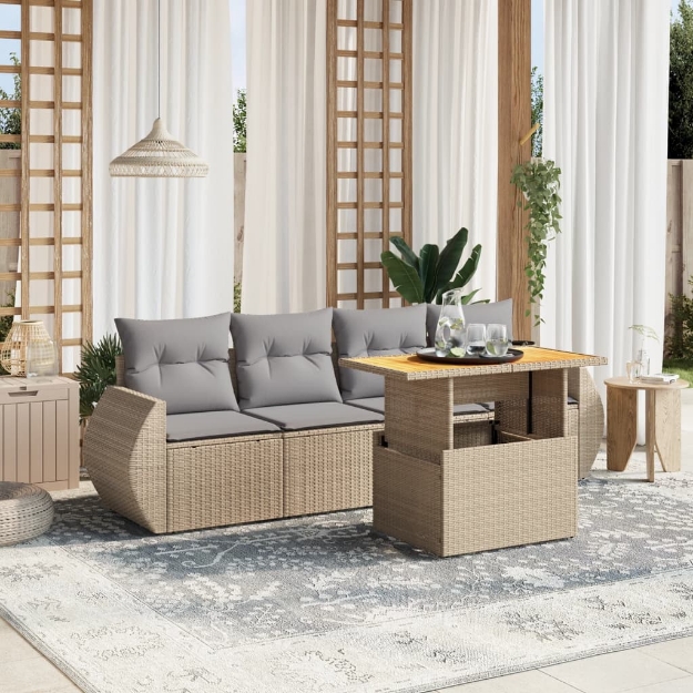 Set Divano da Giardino 5 pz con Cuscini Beige in Polyrattan