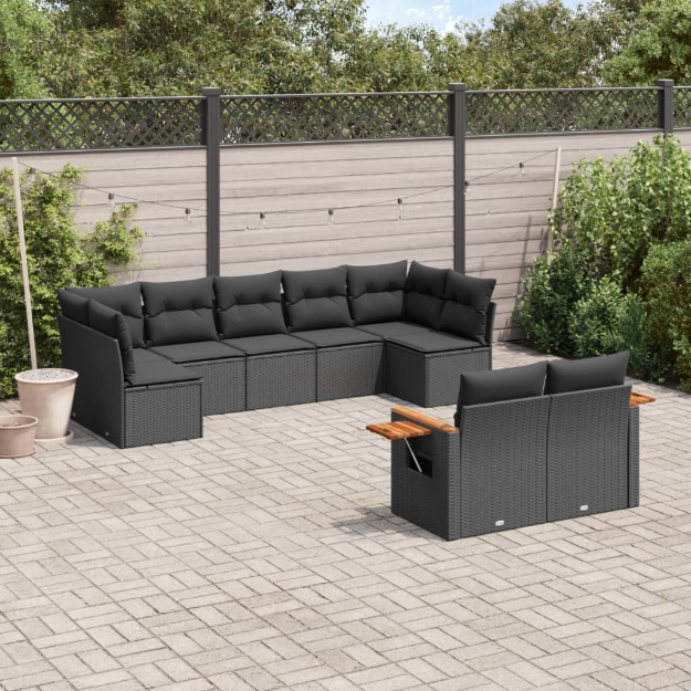 Set Divani da Giardino 9 pz con Cuscini Nero in Polyrattan