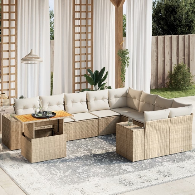 Set Divano da Giardino 10 pz con Cuscini Beige in Polyrattan