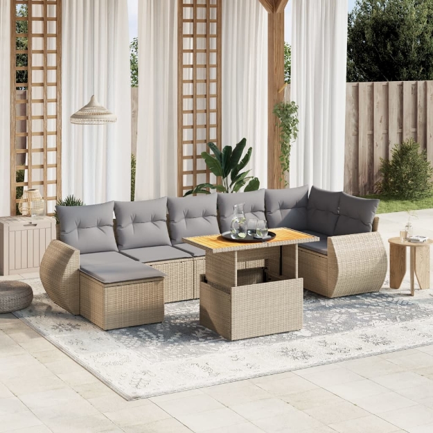 Set Divano da Giardino 8 pz con Cuscini Beige in Polyrattan