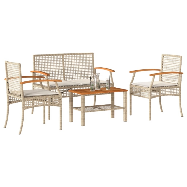 Set Divani da Giardino 4 pz con Cuscini in Polyrattan Beige