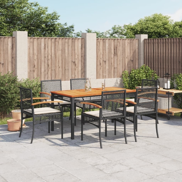 Set da Pranzo da Giardino 7 pz Nero con Cuscini in Polyrattan