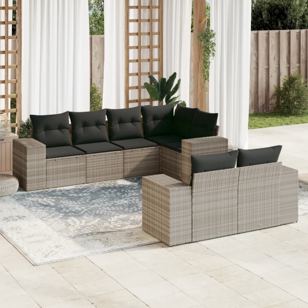 Set Divani da Giardino 7pz con Cuscini Grigio Chiaro Polyrattan