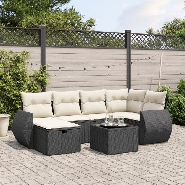 Set Divani da Giardino con Cuscini 7pz Nero Polyrattan