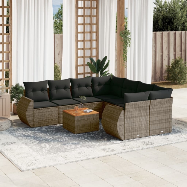 Set Divano da Giardino 9 pz con Cuscini Grigio in Polyrattan