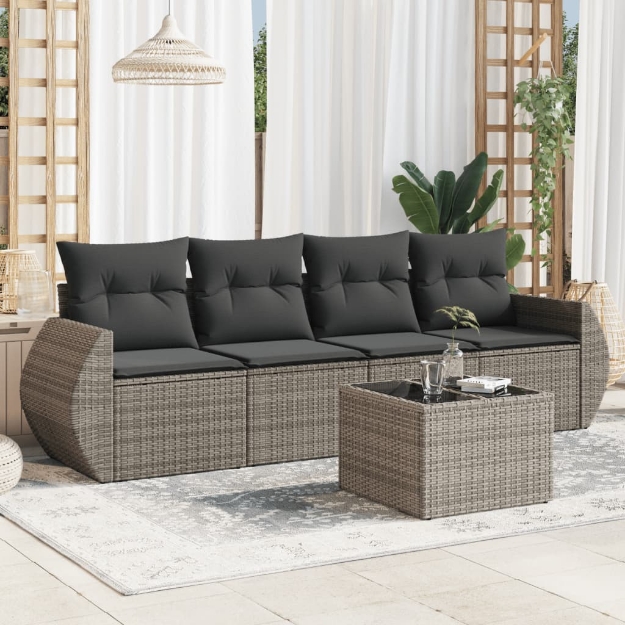Set Divano da Giardino 5 pz con Cuscini Grigio in Polyrattan