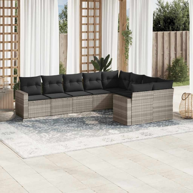 Set Divano da Giardino 9pz con Cuscini Grigio Chiaro Polyrattan