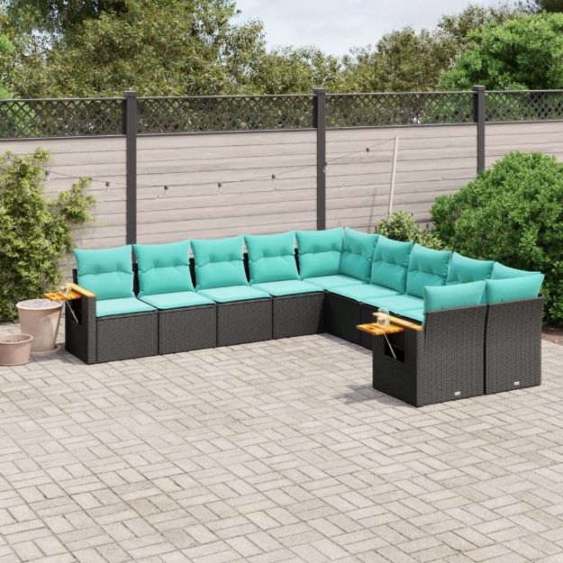 Set Divani da Giardino 10pz con Cuscini in Polyrattan Nero