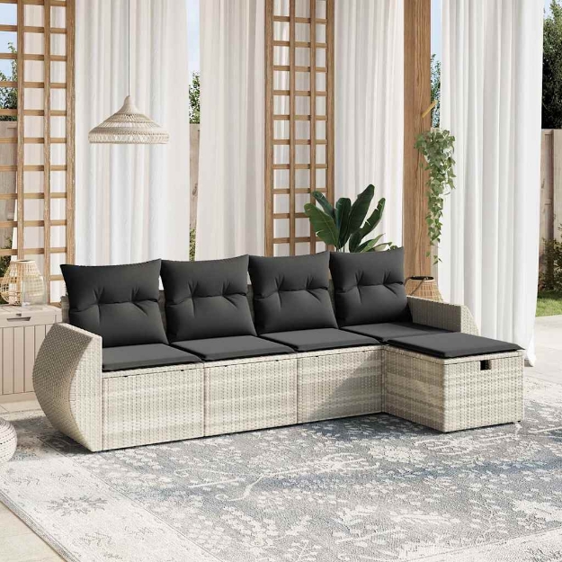 Set Divano da Giardino 5pz con Cuscini Grigio Chiaro Polyrattan