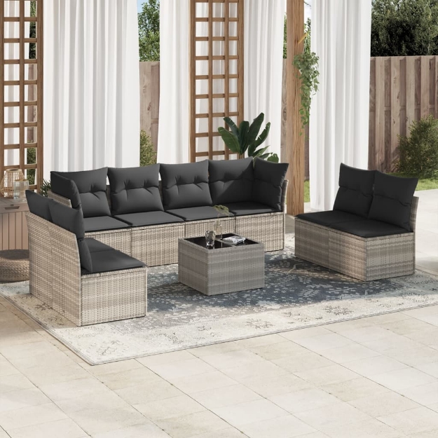 Set Divano da Giardino 9pz con Cuscini Grigio Chiaro Polyrattan