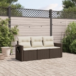 Set Divano da Giardino 3 pz con Cuscini Marrone in Polyrattan