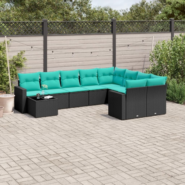 Set Divani da Giardino 10 pz con Cuscini Nero in Polyrattan