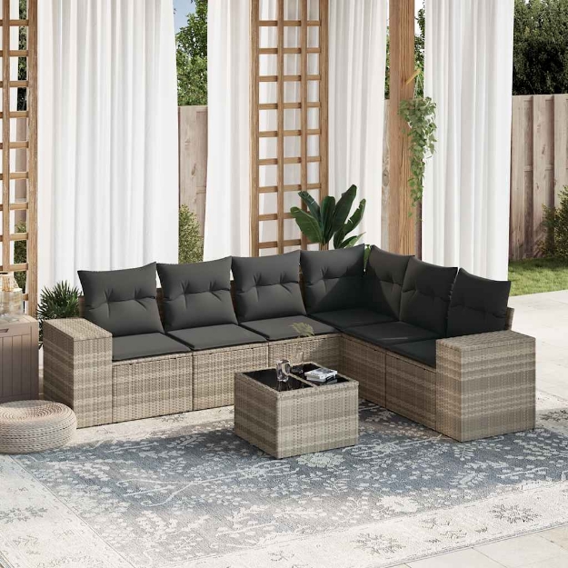 Set Divani da Giardino 7pz con Cuscini Grigio Chiaro Polyrattan