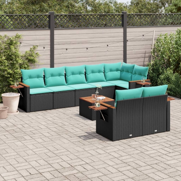 Set Divani da Giardino 9 pz con Cuscini Nero in Polyrattan