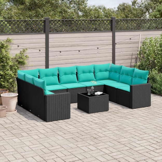 Set Divani da Giardino 10 pz con Cuscini Nero in Polyrattan