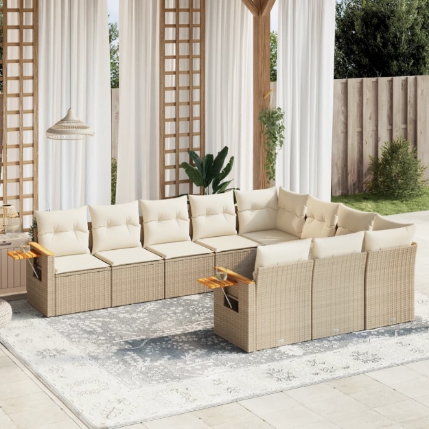 Set Divano da Giardino 10 pz con Cuscini Beige in Polyrattan