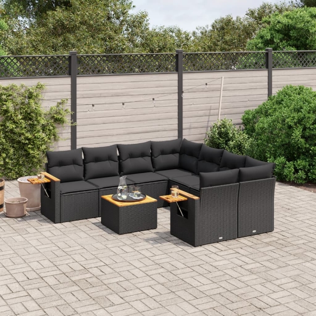 Set Divani da Giardino 9 pz con Cuscini Nero in Polyrattan