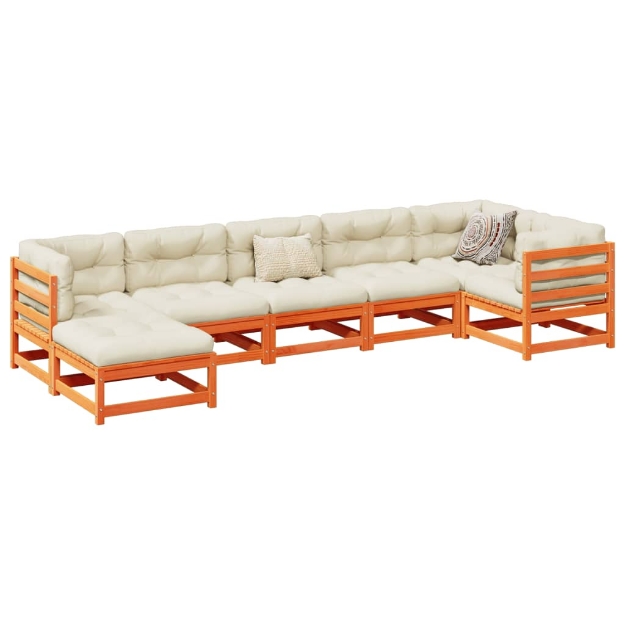 Set Divani Giardino 7 pz con Cuscini Marrone Cera Massello Pino