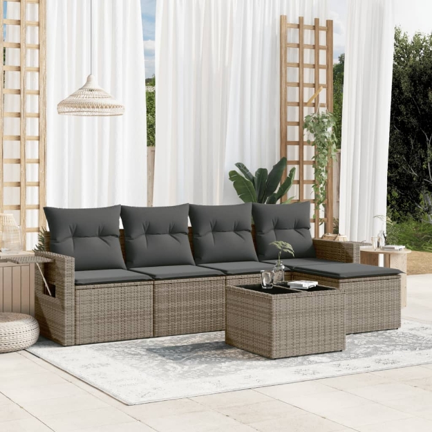 Set Divano da Giardino 6 pz con Cuscini Grigio in Polyrattan