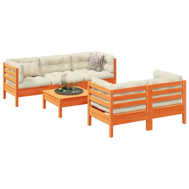 Set Divani Giardino 6pz con Cuscini Marrone Cera Massello Pino