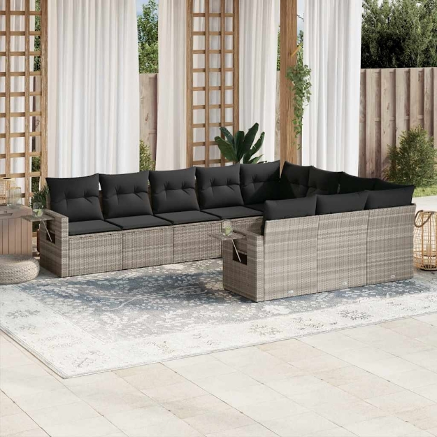 Set Divano Giardino 10 pz con Cuscini Grigio Chiaro Polyrattan