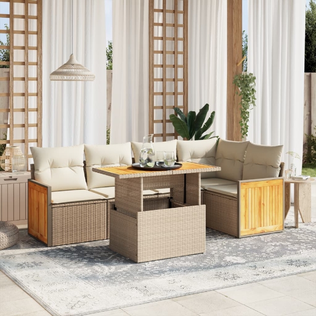 Set Divano da Giardino 6 pz con Cuscini Beige in Polyrattan