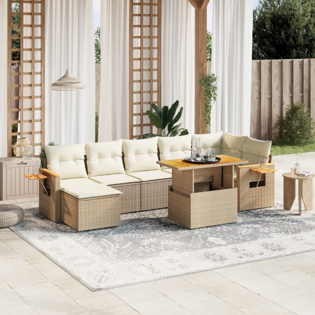 Set Divano da Giardino 8 pz con Cuscini Beige in Polyrattan