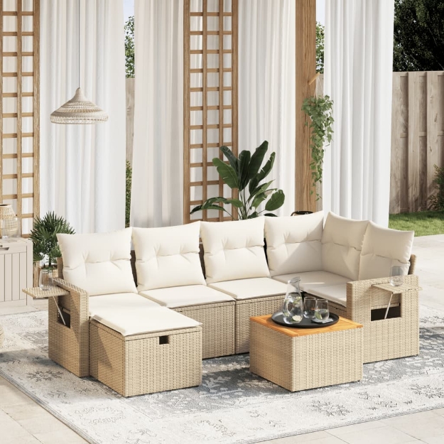 Set Divani da Giardino 7 pz con Cuscini Beige in Polyrattan