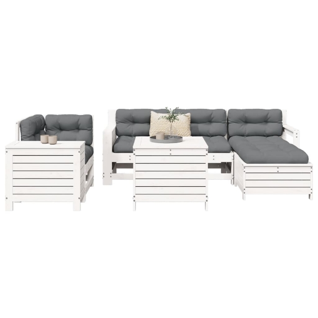 Set Divani da Giardino 7 pz Bianco in Legno Massello di Pino