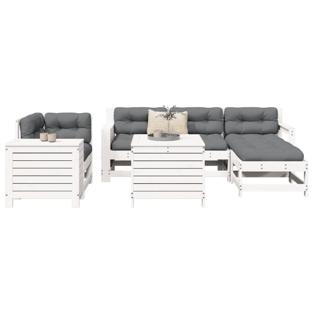 Set Divani da Giardino 7 pz Bianco in Legno Massello di Pino