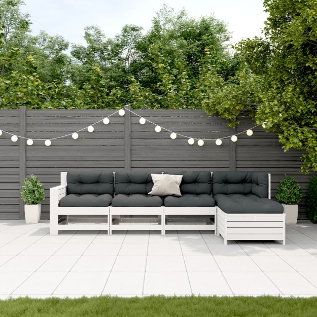 Set Salotto Giardino 5pz con Cuscini Bianco Legno Massello Pino