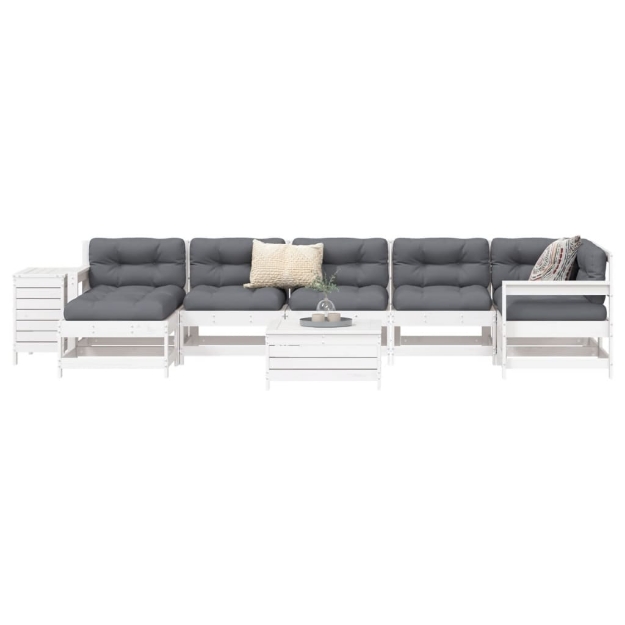 Set Divani da Giardino 9 pz Bianco in Legno Massello di Pino