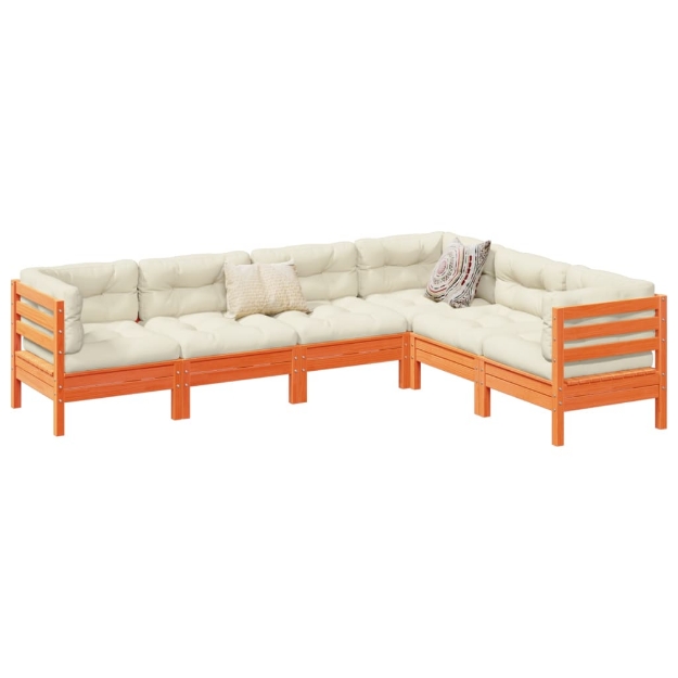 Set Divani Giardino 6pz con Cuscini Marrone Cera Massello Pino